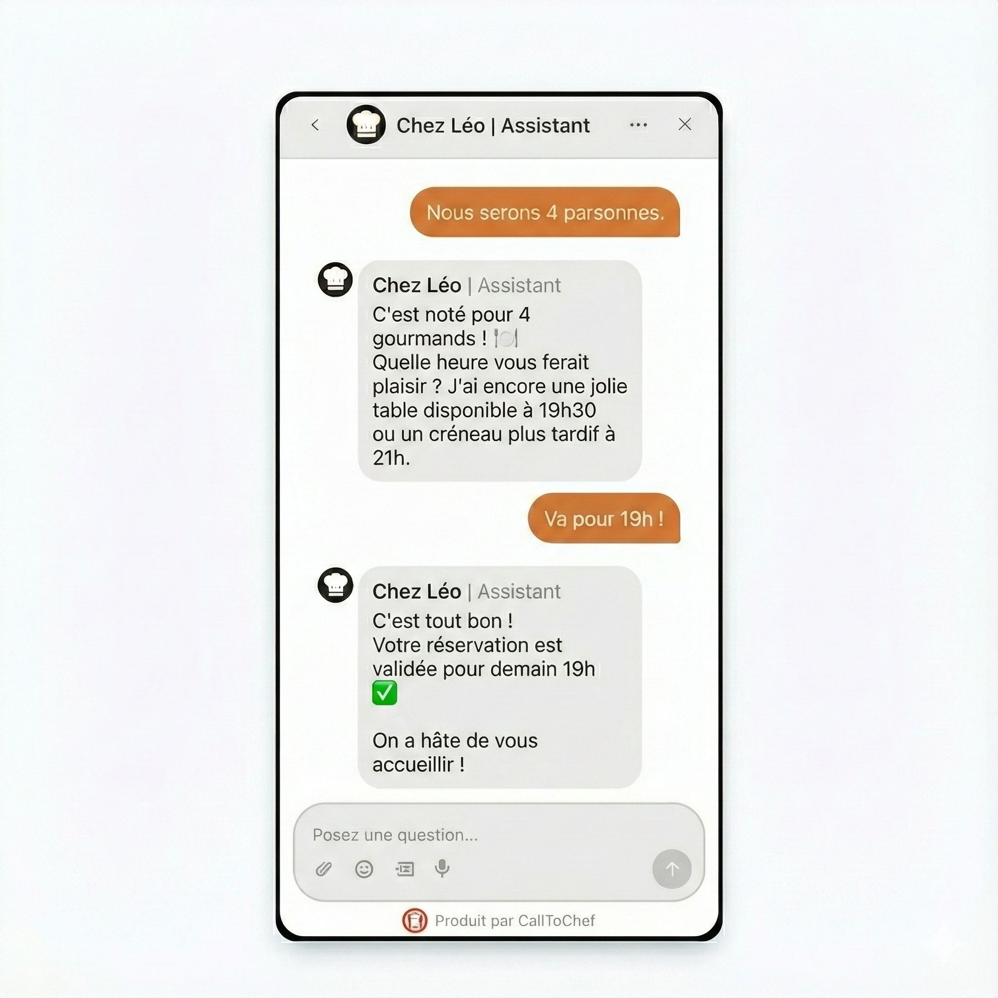 Démonstration de l'interface chat CallToChef sur mobile